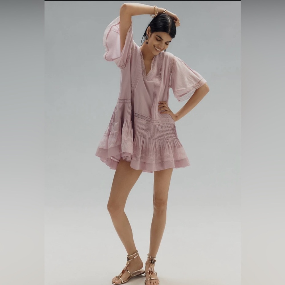 Anthropologie Maeve Short Sleeve V-Neck Pintuck Swing Tunic Dress -Size M